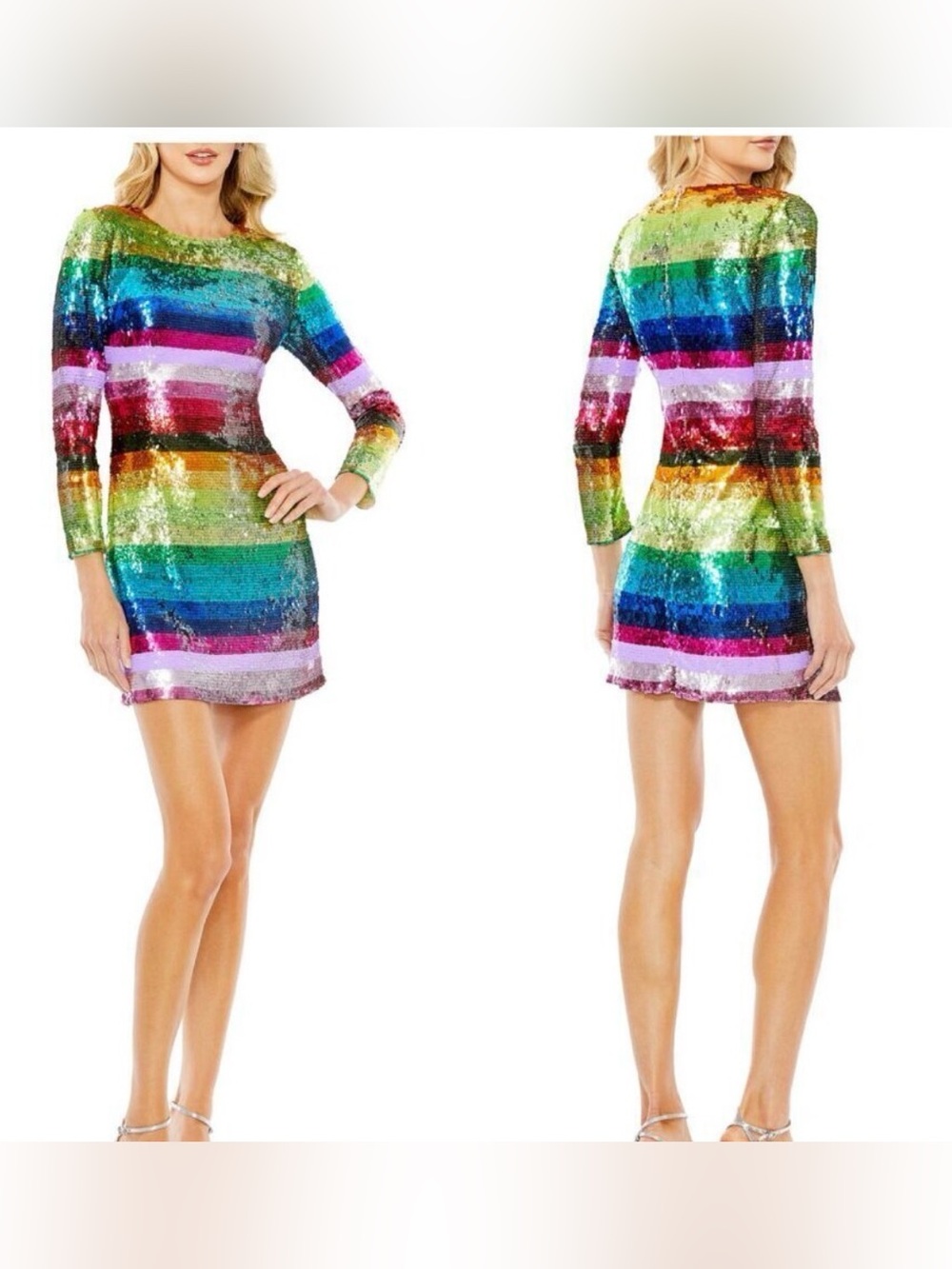 Mac Duggal Rainbow Striped Sequin Cocktail Long Sleeve Mini Dress Size 4 NWT